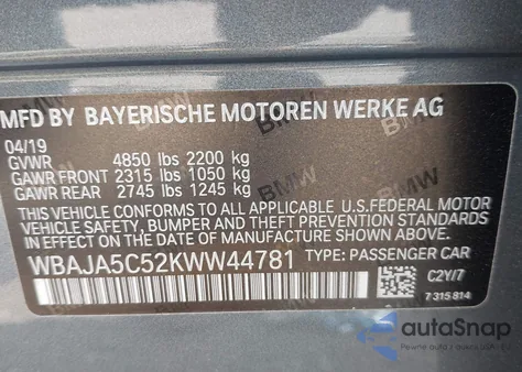 2019 BMW 530I из США, поврежденный, VIN WBAJA5C52KWW44781